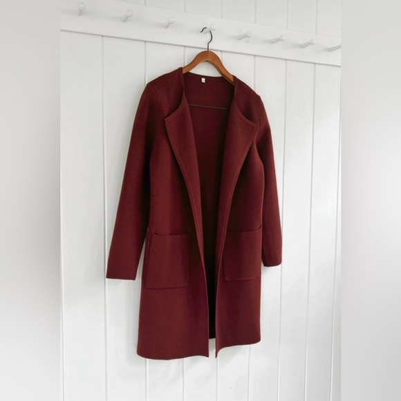 Maroon Burgundy Cardigan Lapel Sweater Long Line Minimal Women Medium M Pockets - Picture 6 of 12